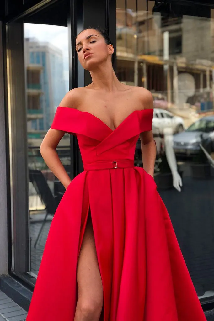 Chic A-line Off-the-Shoulder Floor Length Sleeveless Slit Prom Dresses Evening Dresses OHC274