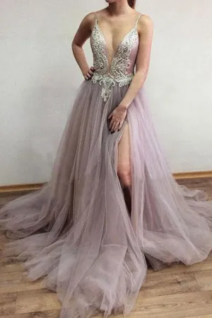 Chic A-line Spaghetti Straps Sweep Train Sleeveless Backless Rhinestone Long Tulle Prom Dress OHC192