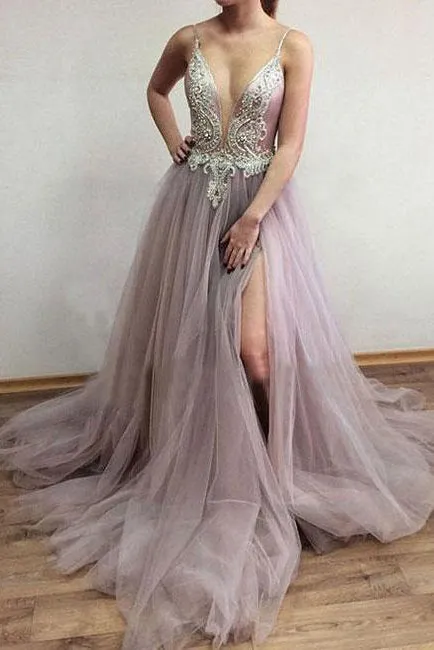 Chic A-line Spaghetti Straps Sweep Train Sleeveless Backless Rhinestone Long Tulle Prom Dress OHC192