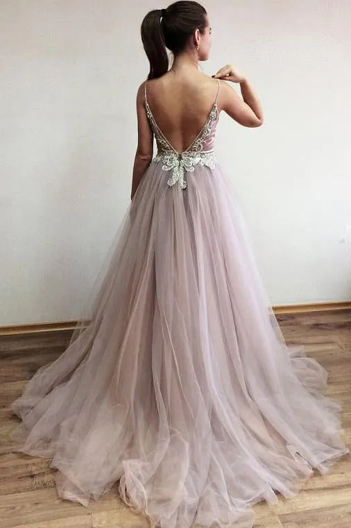 Chic A-line Spaghetti Straps Sweep Train Sleeveless Backless Rhinestone Long Tulle Prom Dress OHC192