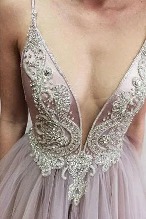 Chic A-line Spaghetti Straps Sweep Train Sleeveless Backless Rhinestone Long Tulle Prom Dress OHC192