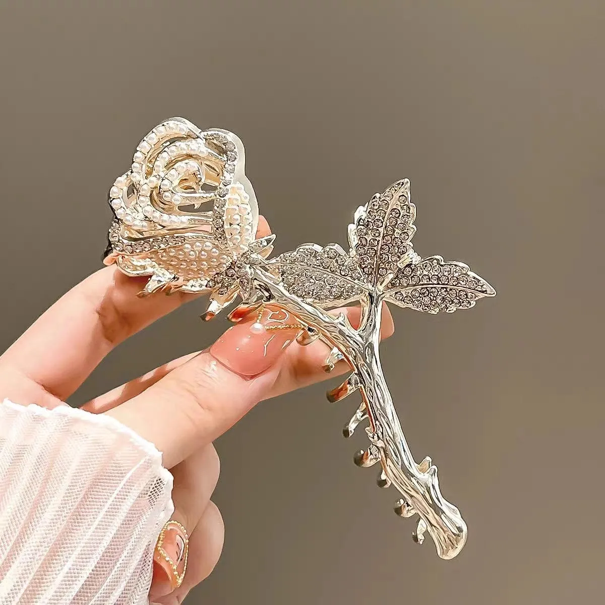 Chic Crystal Pearl Inlaid Rose Chignon Claw Clip Hair Clip