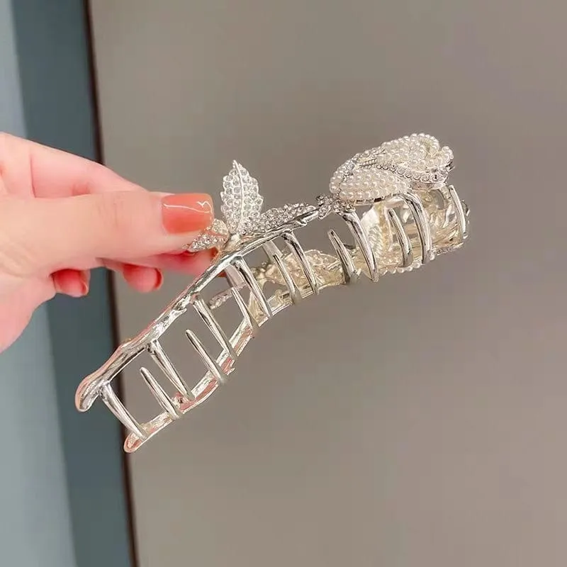 Chic Crystal Pearl Inlaid Rose Chignon Claw Clip Hair Clip