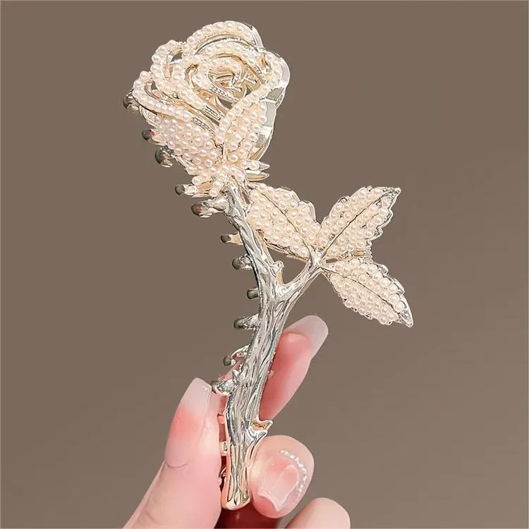 Chic Crystal Pearl Inlaid Rose Chignon Claw Clip Hair Clip