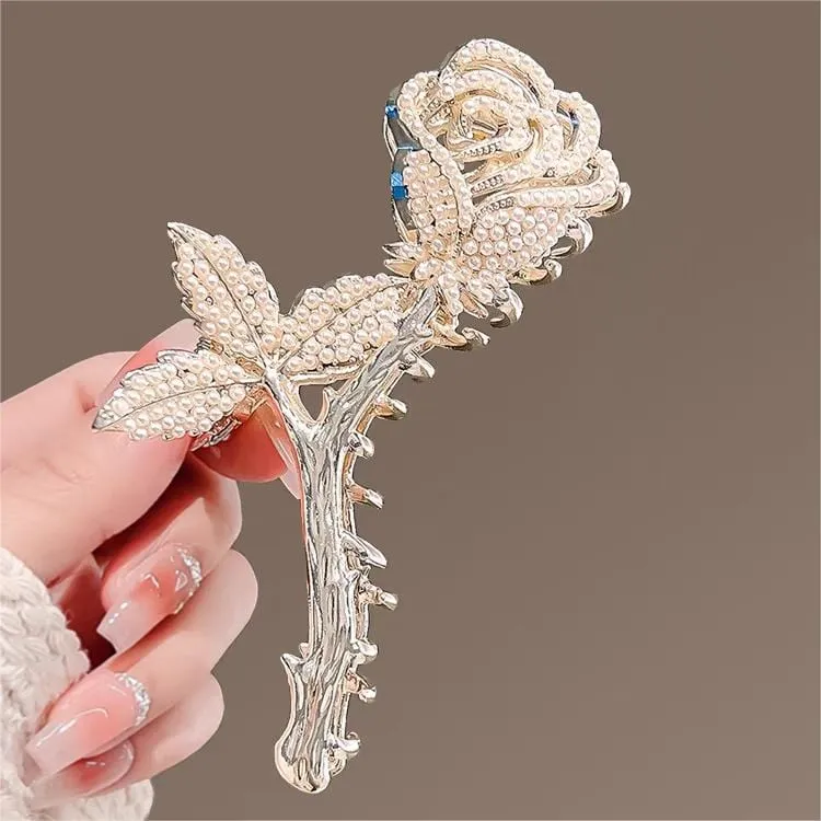 Chic Crystal Pearl Inlaid Rose Chignon Claw Clip Hair Clip