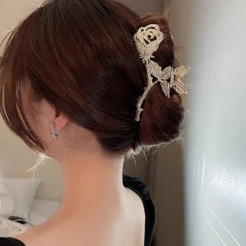 Chic Crystal Pearl Inlaid Rose Chignon Claw Clip Hair Clip