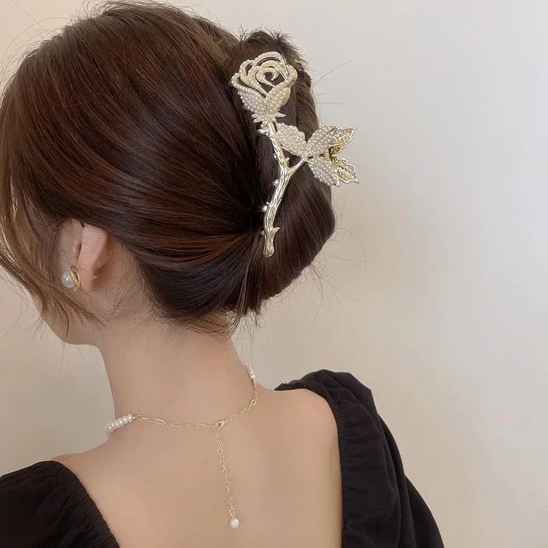 Chic Crystal Pearl Inlaid Rose Chignon Claw Clip Hair Clip
