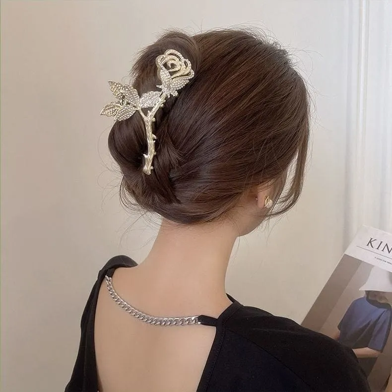 Chic Crystal Pearl Inlaid Rose Chignon Claw Clip Hair Clip