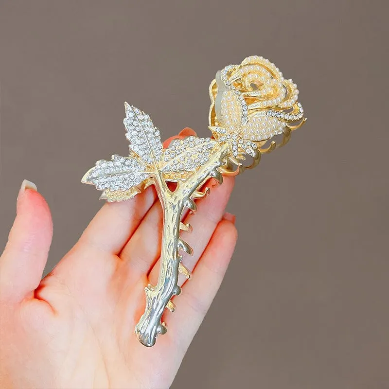 Chic Crystal Pearl Inlaid Rose Chignon Claw Clip Hair Clip