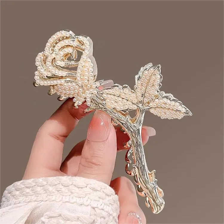 Chic Crystal Pearl Inlaid Rose Chignon Claw Clip Hair Clip