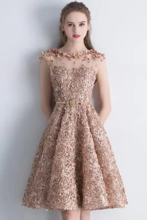 Chic Homecoming Dresses Knee-length A-line Sleeveless Tulle Lace Short Prom Dress Party Dress OHM104