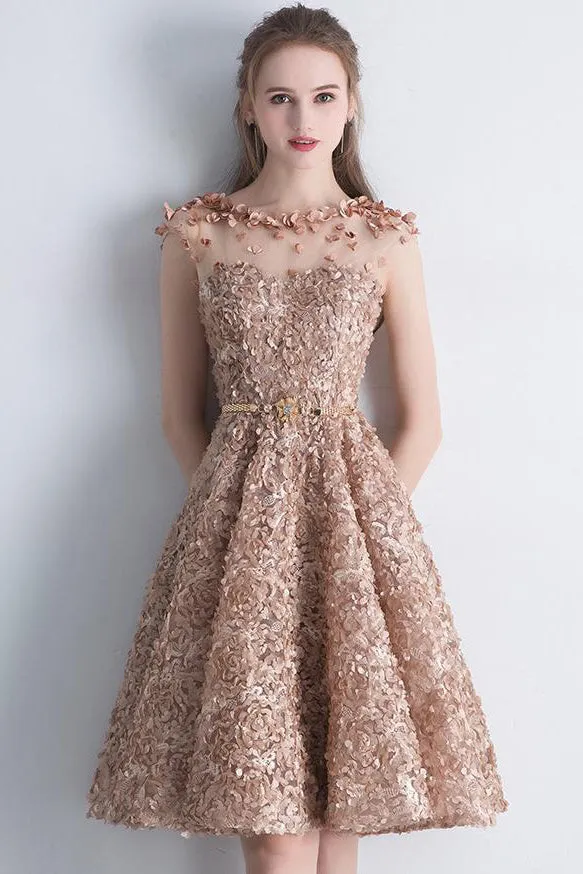 Chic Homecoming Dresses Knee-length A-line Sleeveless Tulle Lace Short Prom Dress Party Dress OHM104