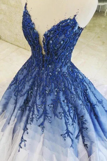 Chic Luxury Ball Gown Scoop Sweep Train Sleeveless Tulle Appliques Long Ombre Prom Dress OHC107