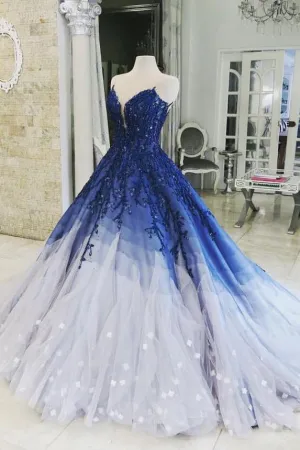 Chic Luxury Ball Gown Scoop Sweep Train Sleeveless Tulle Appliques Long Ombre Prom Dress OHC107