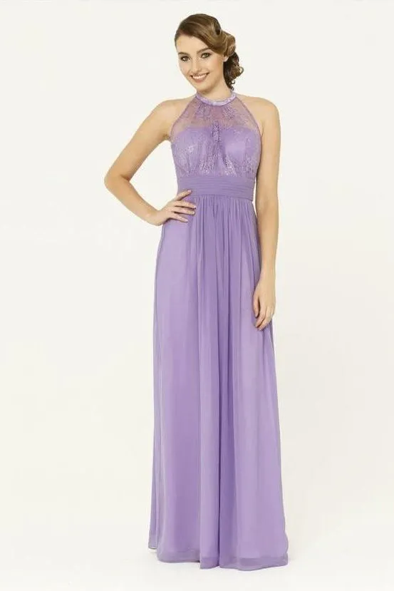 Chic Sexy A Line Halter Floor Length Sleeveless Long Chiffon Bridesmaid Dresses with Lace Applique OHS106
