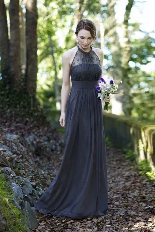 Chic Sexy A Line Halter Floor Length Sleeveless Long Chiffon Bridesmaid Dresses with Lace Applique OHS106