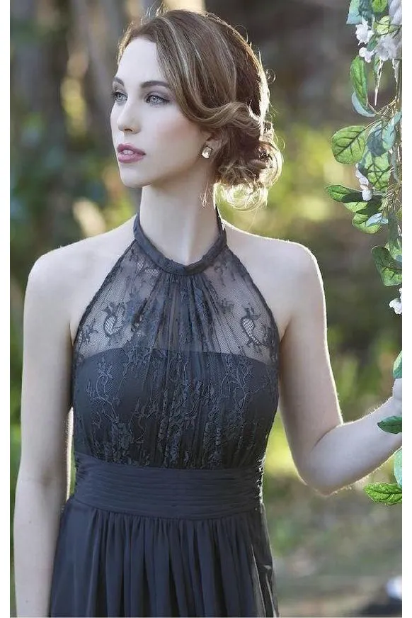 Chic Sexy A Line Halter Floor Length Sleeveless Long Chiffon Bridesmaid Dresses with Lace Applique OHS106