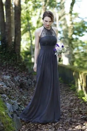 Chic Sexy A Line Halter Floor Length Sleeveless Long Chiffon Bridesmaid Dresses with Lace Applique OHS106