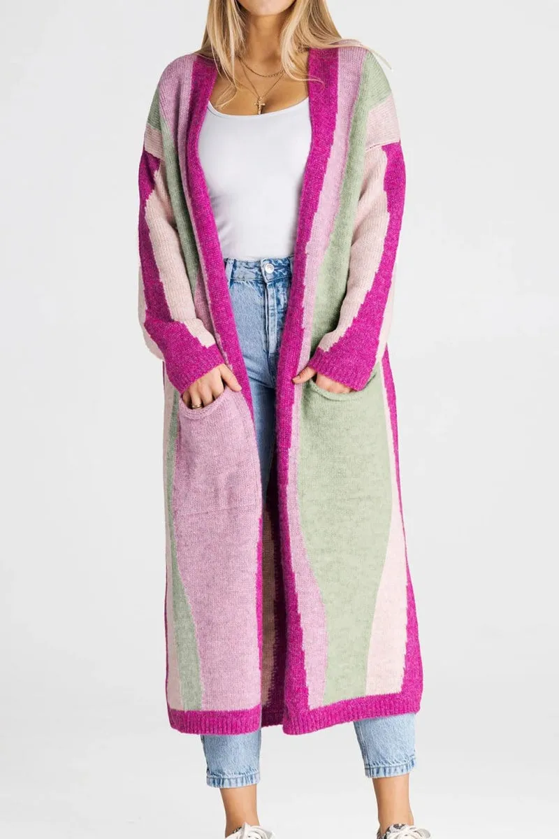 Chouyatou Women's Fall Open Front Color Block Long Cardigan Sweater Coat Casual Vertical Striped Coatigan