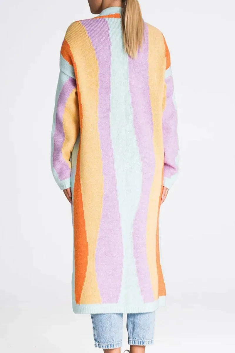 Chouyatou Women's Fall Open Front Color Block Long Cardigan Sweater Coat Casual Vertical Striped Coatigan