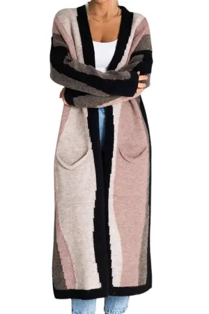 Chouyatou Women's Fall Open Front Color Block Long Cardigan Sweater Coat Casual Vertical Striped Coatigan