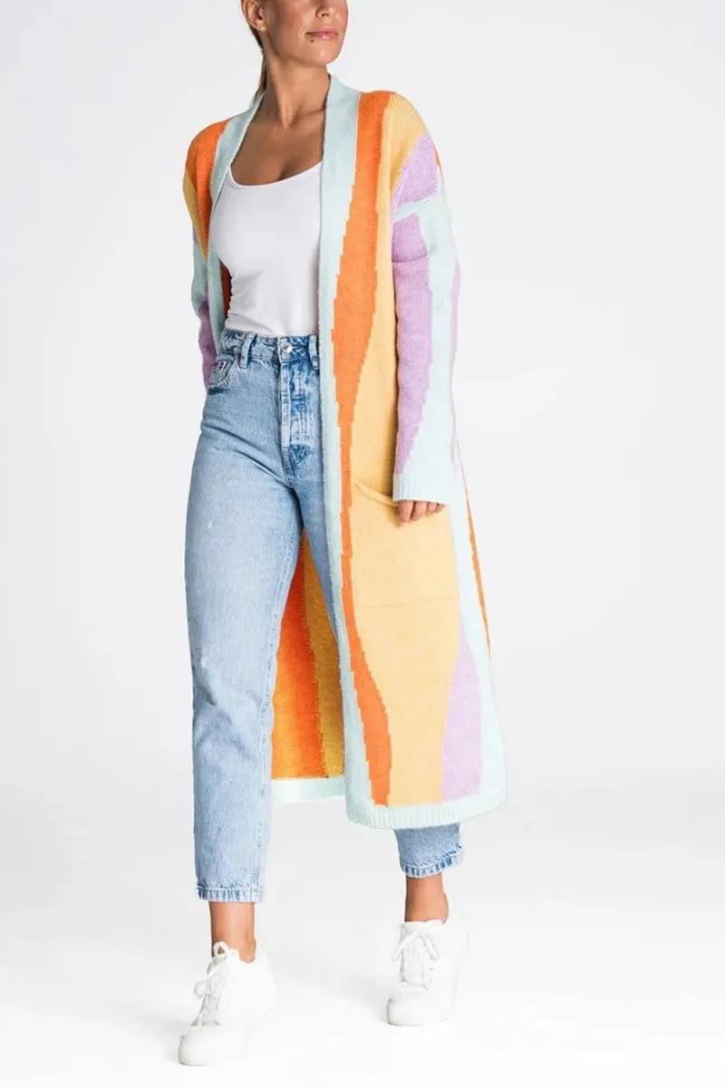 Chouyatou Women's Fall Open Front Color Block Long Cardigan Sweater Coat Casual Vertical Striped Coatigan