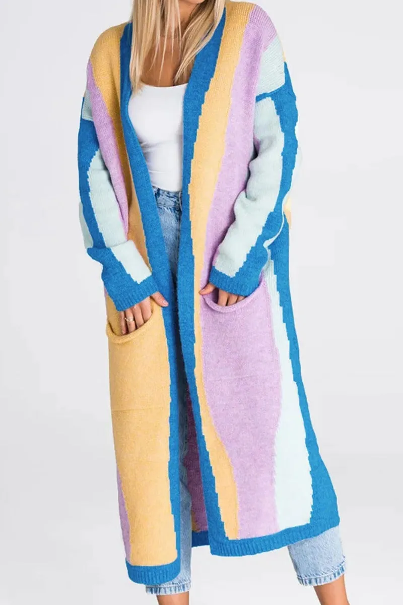 Chouyatou Women's Fall Open Front Color Block Long Cardigan Sweater Coat Casual Vertical Striped Coatigan