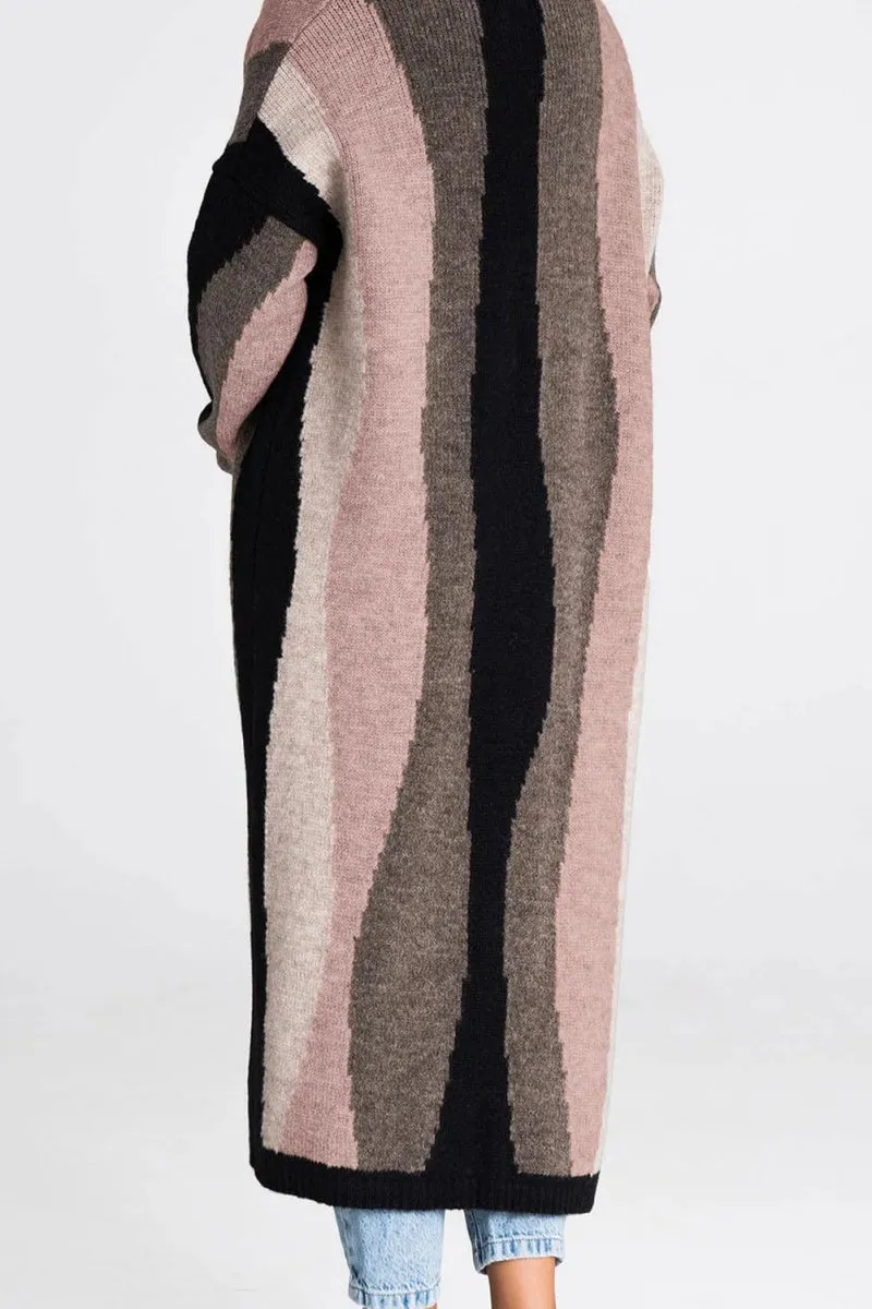 Chouyatou Women's Fall Open Front Color Block Long Cardigan Sweater Coat Casual Vertical Striped Coatigan