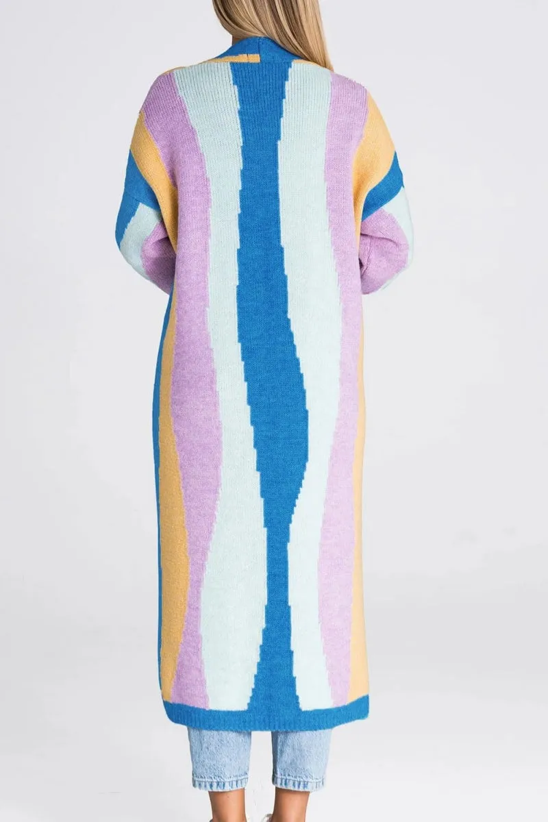 Chouyatou Women's Fall Open Front Color Block Long Cardigan Sweater Coat Casual Vertical Striped Coatigan