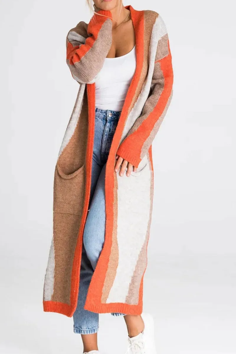 Chouyatou Women's Fall Open Front Color Block Long Cardigan Sweater Coat Casual Vertical Striped Coatigan