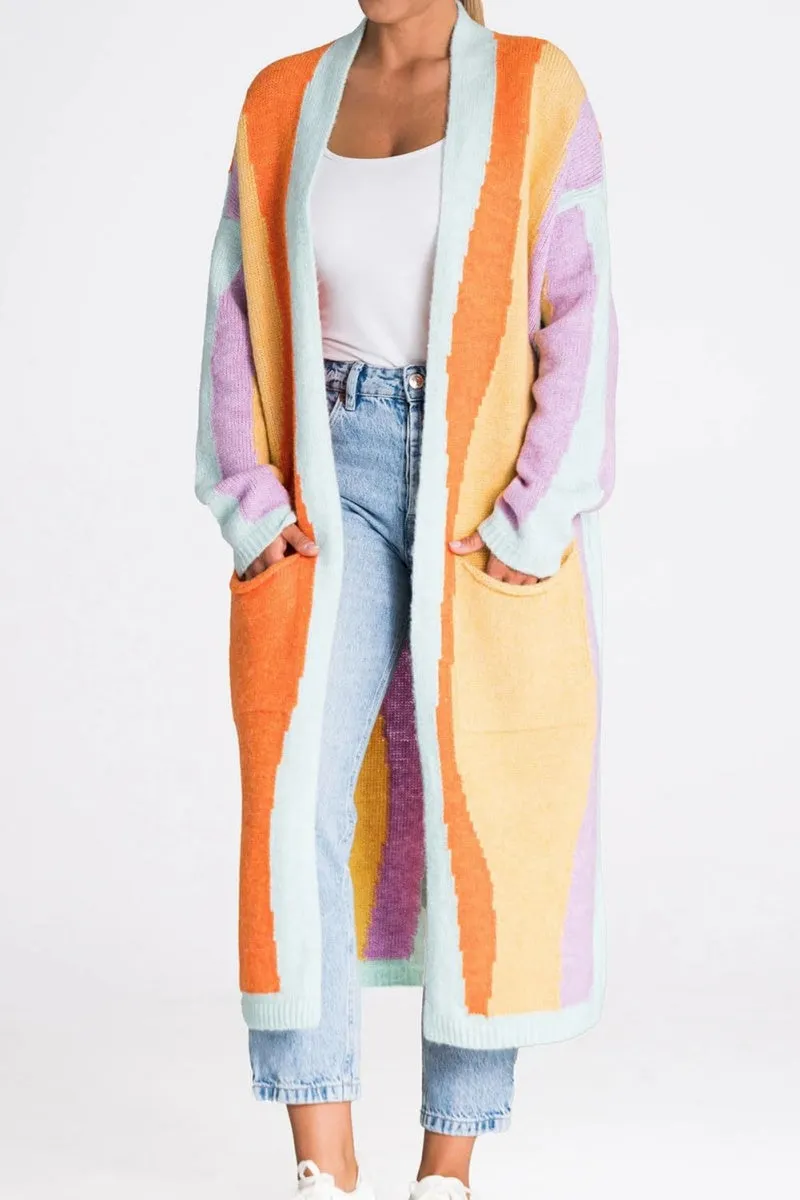 Chouyatou Women's Fall Open Front Color Block Long Cardigan Sweater Coat Casual Vertical Striped Coatigan