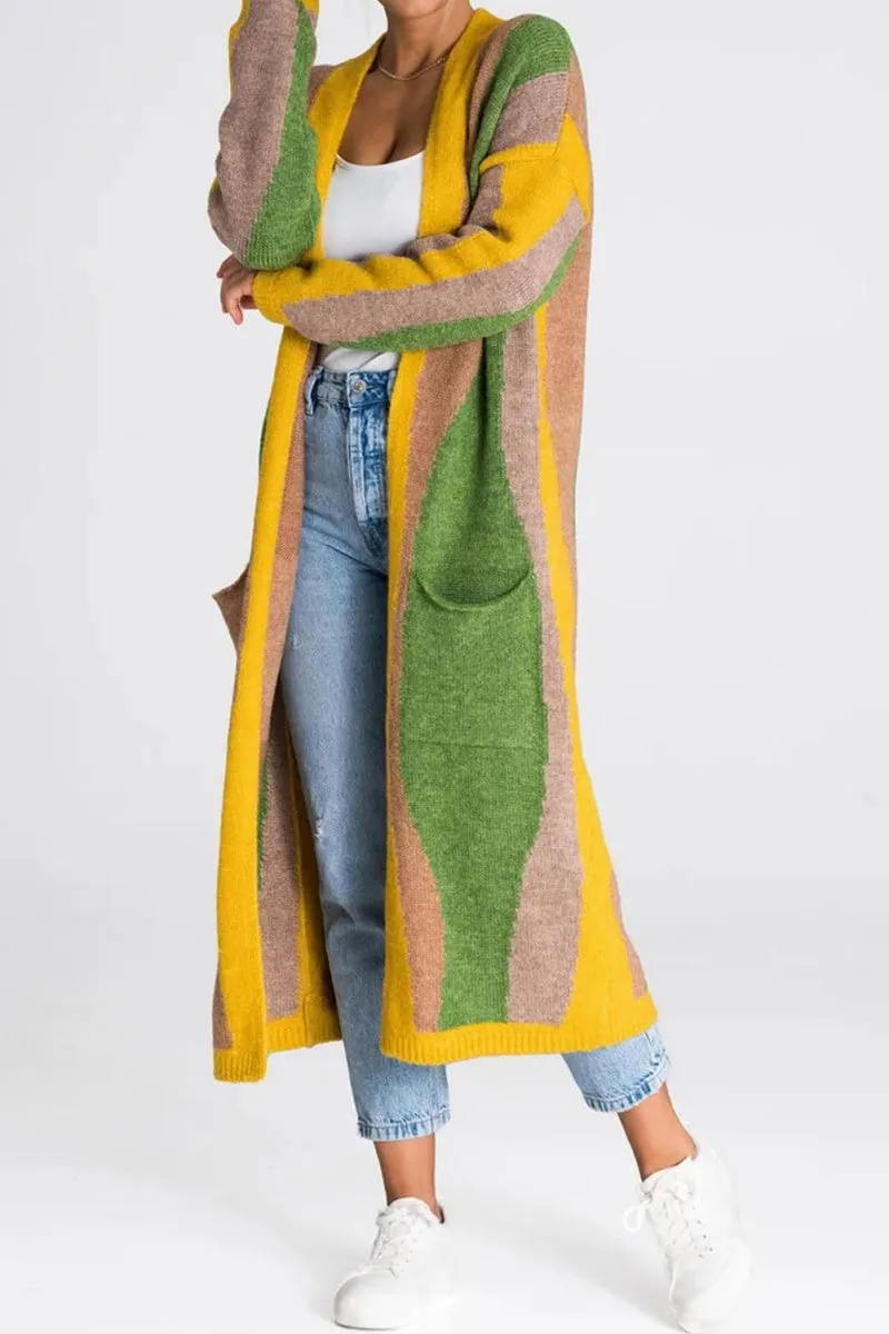 Chouyatou Women's Fall Open Front Color Block Long Cardigan Sweater Coat Casual Vertical Striped Coatigan