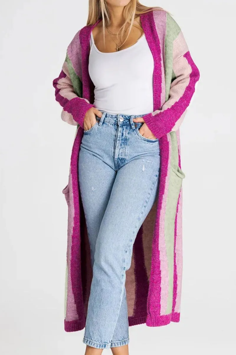Chouyatou Women's Fall Open Front Color Block Long Cardigan Sweater Coat Casual Vertical Striped Coatigan