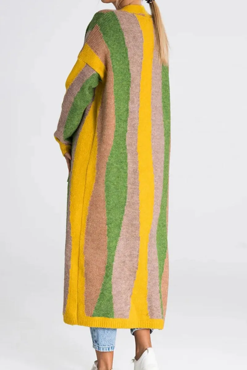Chouyatou Women's Fall Open Front Color Block Long Cardigan Sweater Coat Casual Vertical Striped Coatigan