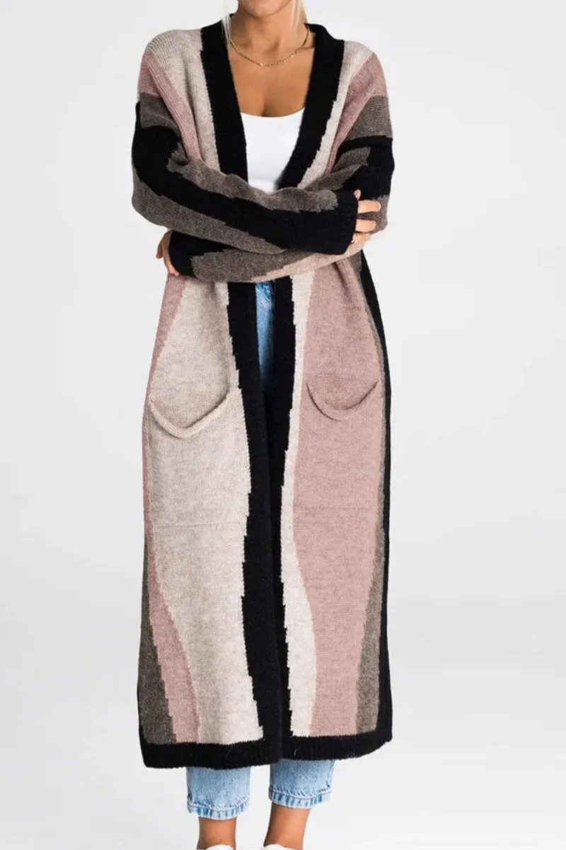 Chouyatou Women's Fall Open Front Color Block Long Cardigan Sweater Coat Casual Vertical Striped Coatigan