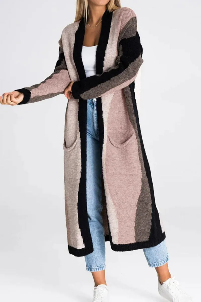 Chouyatou Women's Fall Open Front Color Block Long Cardigan Sweater Coat Casual Vertical Striped Coatigan