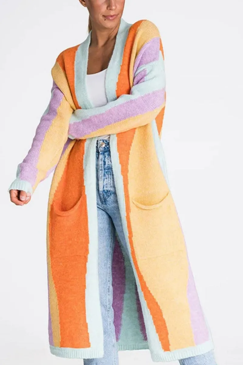 Chouyatou Women's Fall Open Front Color Block Long Cardigan Sweater Coat Casual Vertical Striped Coatigan