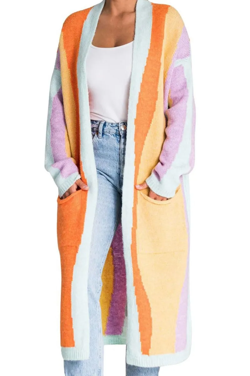 Chouyatou Women's Fall Open Front Color Block Long Cardigan Sweater Coat Casual Vertical Striped Coatigan