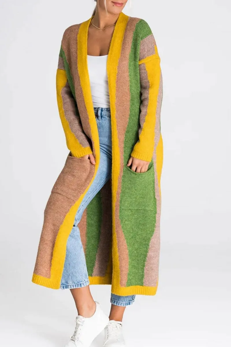 Chouyatou Women's Fall Open Front Color Block Long Cardigan Sweater Coat Casual Vertical Striped Coatigan