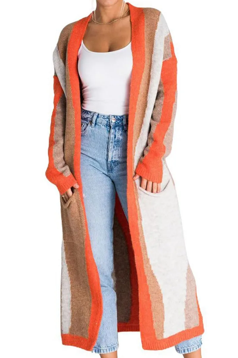 Chouyatou Women's Fall Open Front Color Block Long Cardigan Sweater Coat Casual Vertical Striped Coatigan