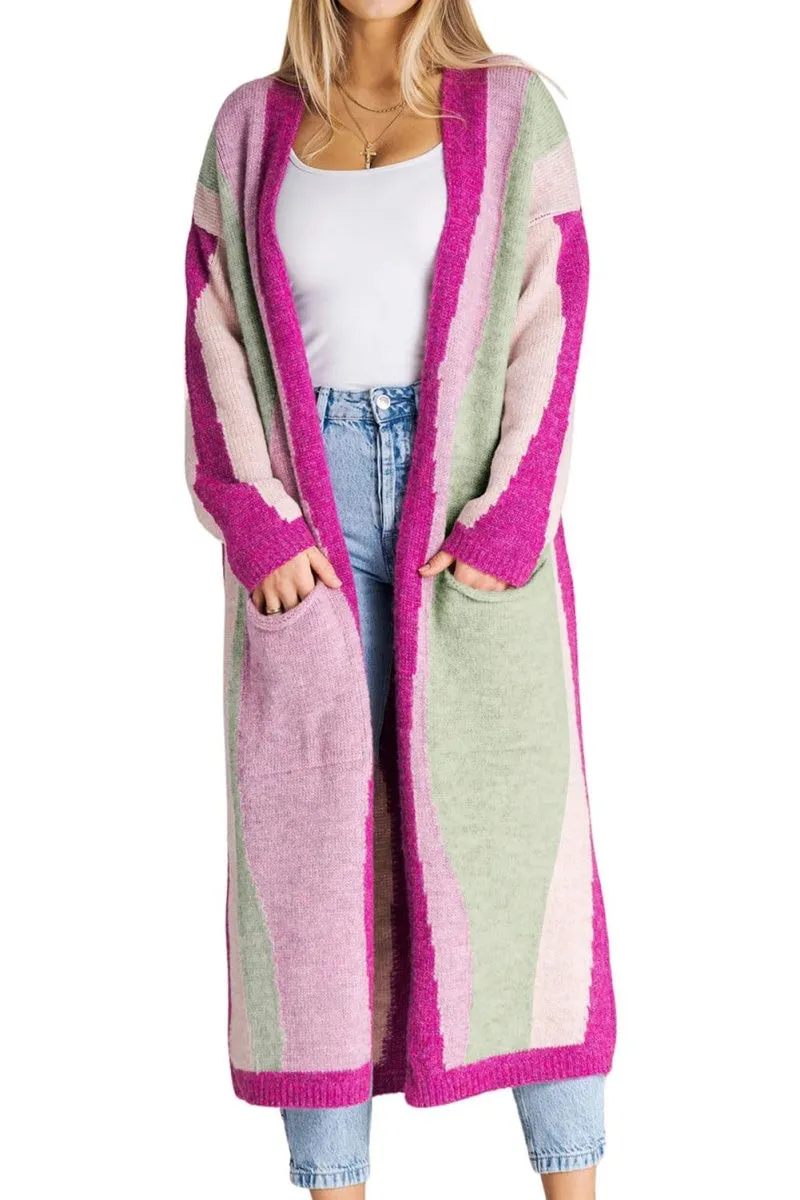 Chouyatou Women's Fall Open Front Color Block Long Cardigan Sweater Coat Casual Vertical Striped Coatigan