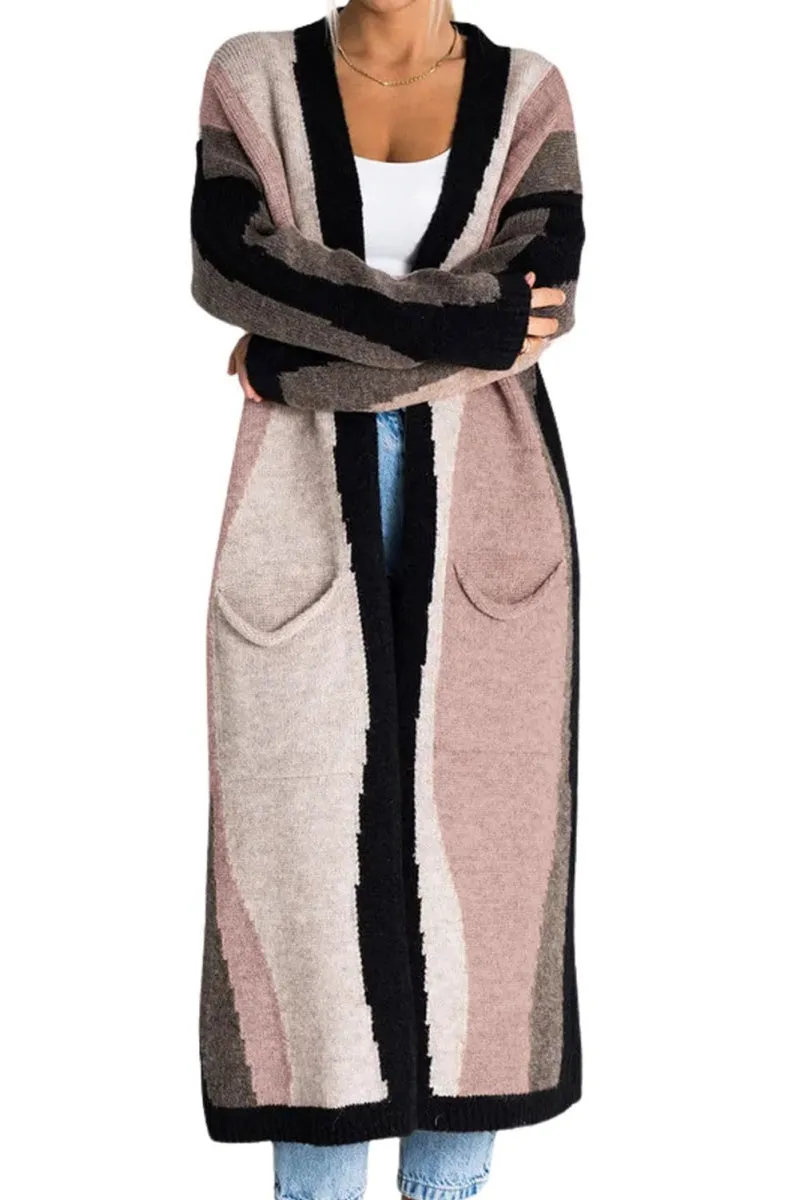 Chouyatou Women's Fall Open Front Color Block Long Cardigan Sweater Coat Casual Vertical Striped Coatigan