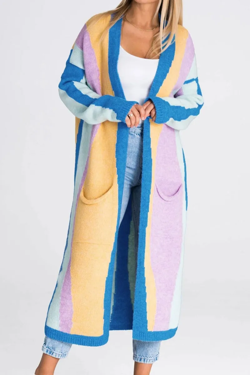 Chouyatou Women's Fall Open Front Color Block Long Cardigan Sweater Coat Casual Vertical Striped Coatigan