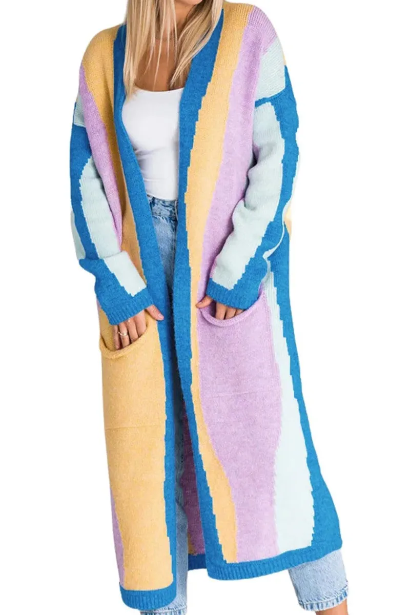 Chouyatou Women's Fall Open Front Color Block Long Cardigan Sweater Coat Casual Vertical Striped Coatigan
