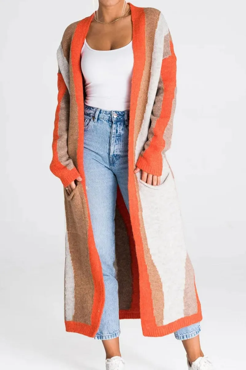 Chouyatou Women's Fall Open Front Color Block Long Cardigan Sweater Coat Casual Vertical Striped Coatigan
