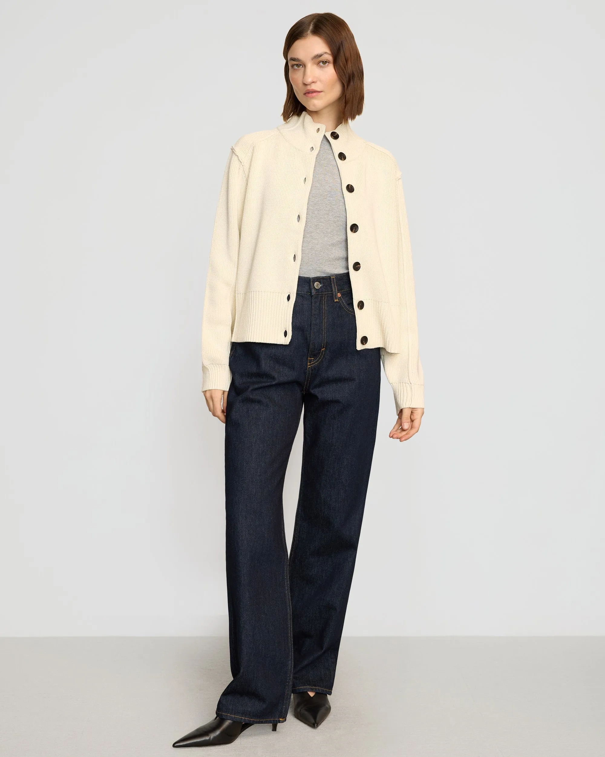 Clove Button Mock-Neck Knit Cardigan