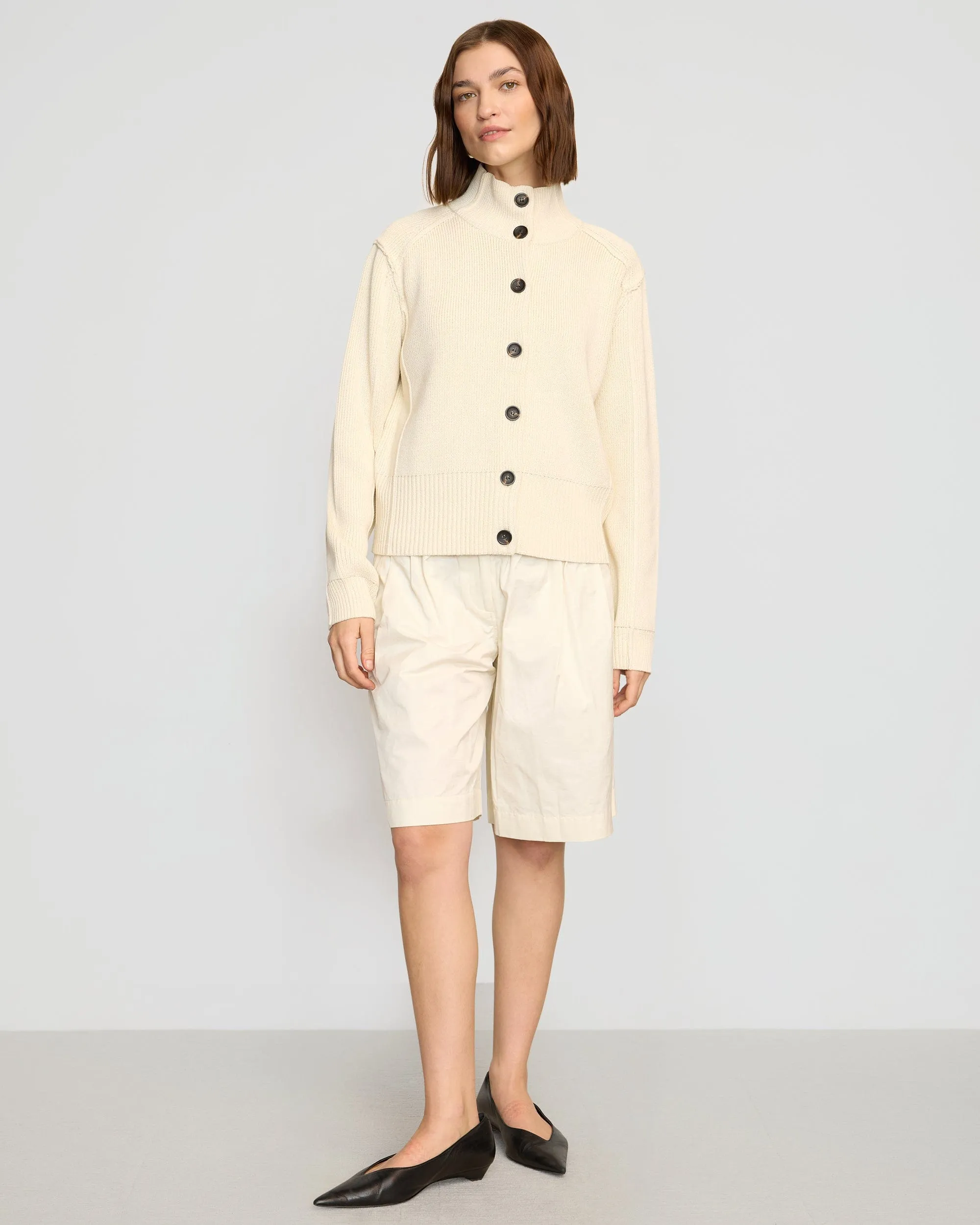 Clove Button Mock-Neck Knit Cardigan