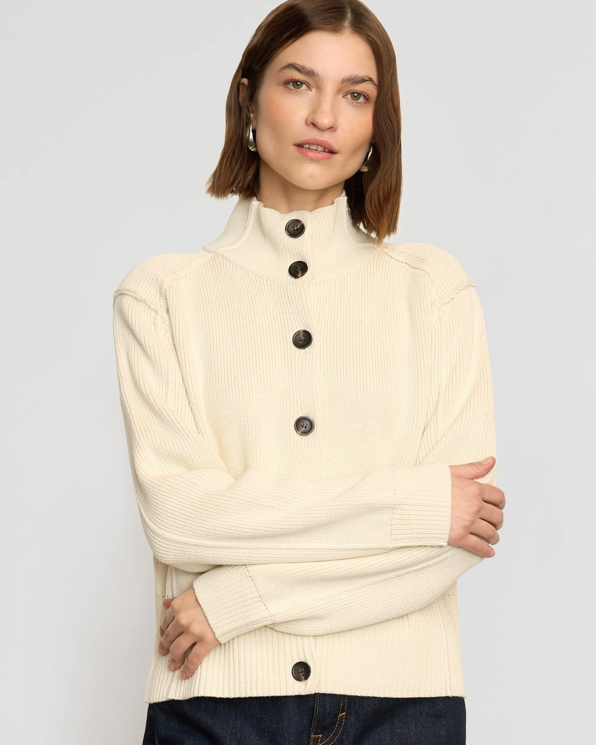 Clove Button Mock-Neck Knit Cardigan