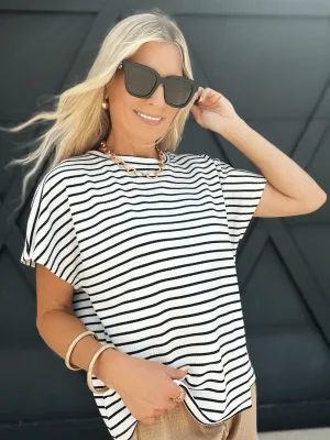 Crewneck Striped Knit Top In Black & White
