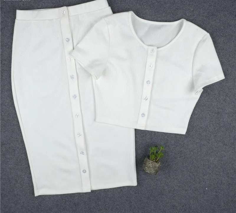 Crop Top and Skirt Set White Black 2 Two Piece Set Sexy Dress Women Bodycon Office Dress Robe D0664